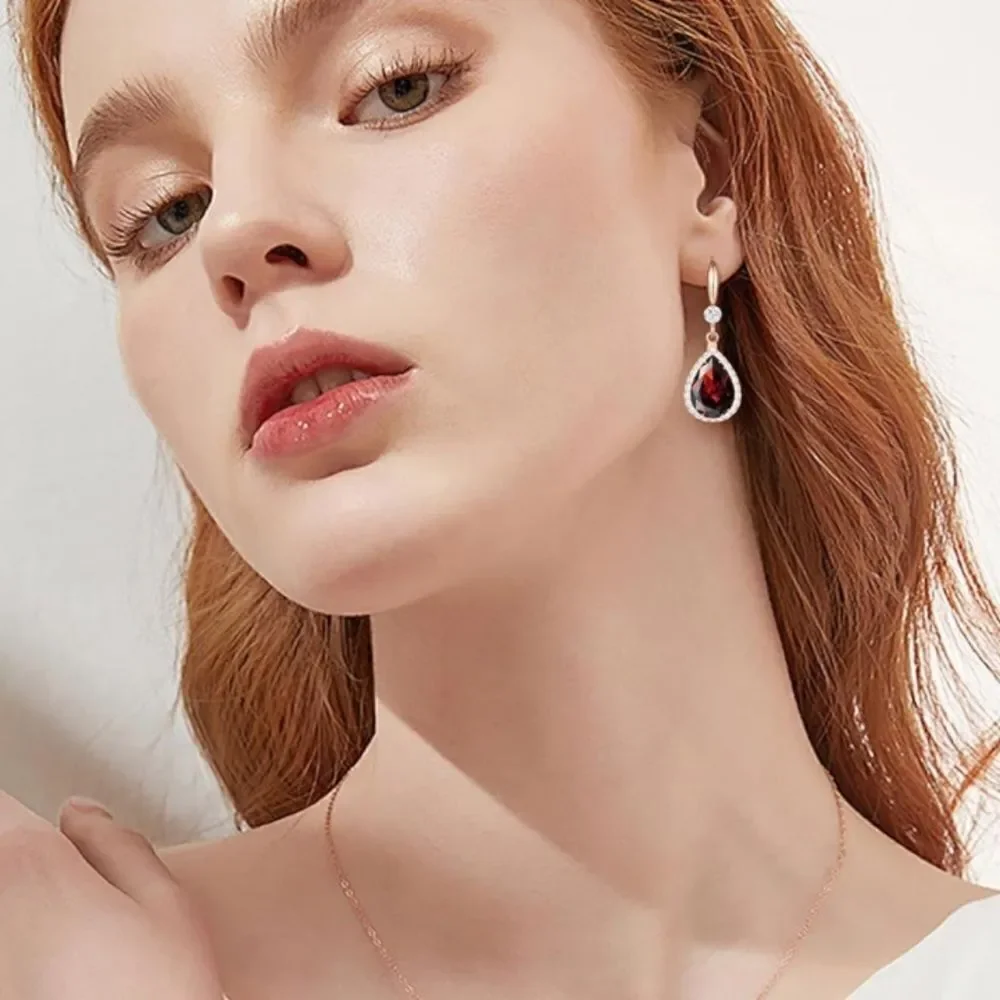14K Rose Gold with Red Garnet Cubic Zirconia Teardrop Hook Dangling Earrings